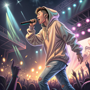 Jay Park, Asian male, in a casual hoodie and jeans. Performing on stage at a K-pop concert.