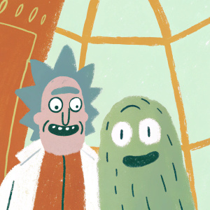 Cartoony illustration of Rick Sanchez and Pickle Rick from Rick and Morty. Digital art with vibrant colors and modern elements