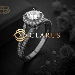 Luxurious jewelry brand CLARUS logo displayed on a matte black background. Sleek and modern design with gold symbol.
