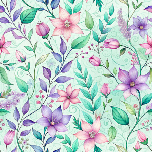 seamless pattern, Soft pink, lavender, and mint green tones forming a seamless pattern with delicate flowers, leaves, and vines intertwined.