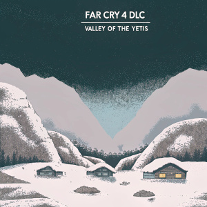 3D illustration for Far Cry 4 DLC concept art 'Valley of the YETIS'. Snowy chaos with crumbling buildings buried under heavy snowfall, debris everywhere. Rocky mountains loom large in the background. Gray and white dominate, with muted earth tones adding depth. Dense clouds cover the sky.