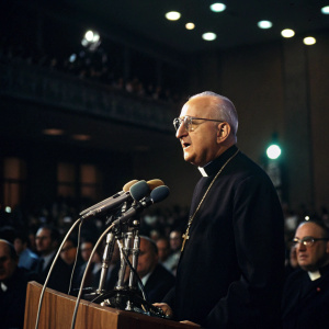 Archbishop Robert Zollitsch, in black robe, speaks at press conference. Multiple microphones in front of him. Crowded auditorium, dim lighting.