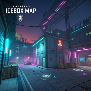 A screenshot from the Riot Games website showcasing a new Icebox map in Valorant, featuring a dimly lit environment with neon lights and cyber elements.