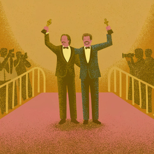 Gary Oldman and Colin Firth celebrating at the BAFTAs 2011. Formal attire, holding awards. Red carpet event