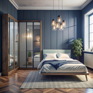 Create a scandinavian style bed, night tables, wardrope glass, framed oak door  