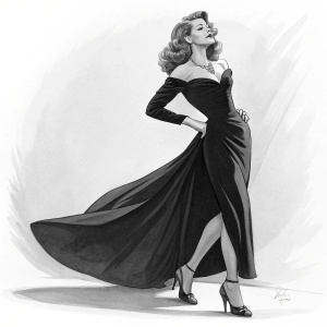 Sketch of Rita Hayworth from Gilda, elegant in black dress and heels, standing confidently. B&W illustration