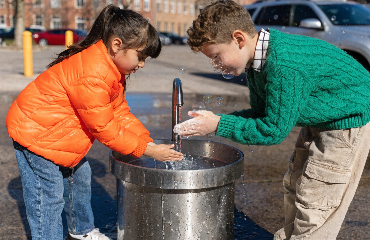 
        Children wash their hands and rub bubbles.
        