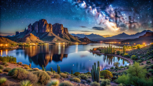 landscape, Arizona background, Arizona mountains, night, lake
