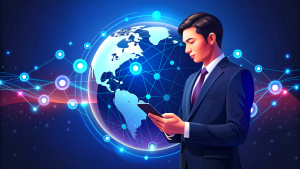 Digital marketing, global business, e-commerce concept. Businessman using mobile phone and laptop computer with global internet network connection technology, social media marketing