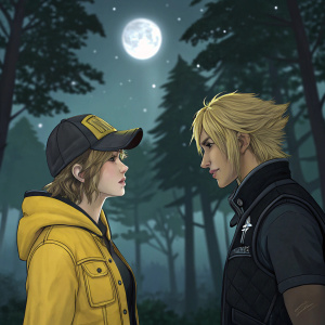 Digital art of Cindy and Prompto from Final Fantasy XV. They are in a forest setting under moonlight. Cindy in yellow jacket and cap, Prompto in black vest.