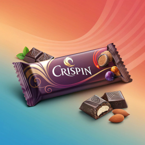 Digital ad showcasing CRISPIN premium chocolate bar. The chocolate bar is sleek and smooth, set against a gradient background of vibrant colors. The product name and logo are prominently displayed, emphasizing its premium quality.
