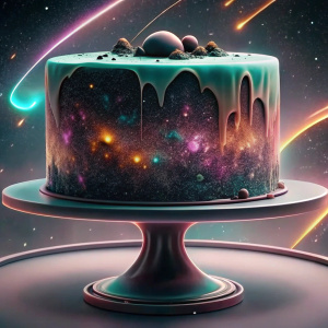 brutal stylish simple cake with galaxies inside it, on a stand, meteor shower in the background