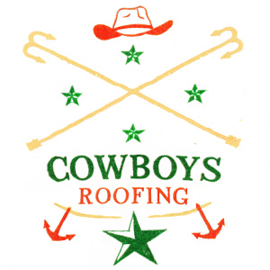 Stylized roofing company logo, Cowboys Roofing, featuring intricate Western-themed design with anchor elements. Gold and dark black color palette.