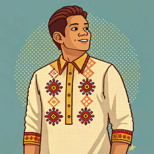 Digital illustration of a character inspired by barong tagalog. Pixel art style.