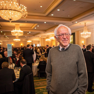 Bernie Sanders lookalike cutout at a bustling fundraising gala.