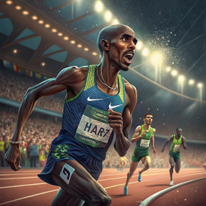 Mo Farah, British long-distance runner, sprinting indoors. Wearing a blue and green sponsored outfit. Intense look on his face. Other athletes visible in the background. Bright lights and audience surrounding the track.