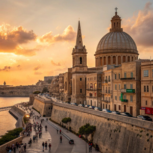 Valletta's ancient skyline. 16th century architecture. UNESCO World Heritage Site. Bustling street scene at sunset.