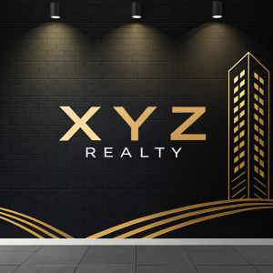 Logo for XYZ Realty, featuring a minimalist design with golden hues on a black backdrop. Modern, clean font.