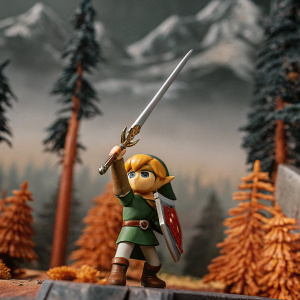 Toon Link from the Legend of Zelda series in action pose, wielding a long sword, set against a vibrant, colorful fantasy landscape.