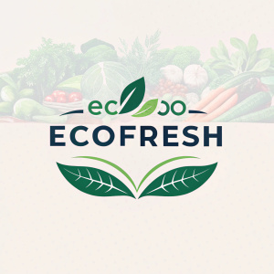 Stylized logo design for EcoFresh Market. Features a vibrant green leaf symbol and the name 'EcoFresh' in sleek font. Muted pastel background.