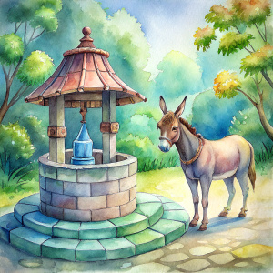 "Draw me an old beautiful well. It's large. Beside the well, there is a donkey.