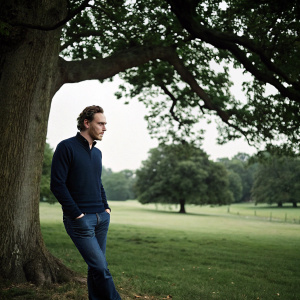 Tom Hiddleston, dressed in a casual navy sweater and jeans. He stands alone in a park, under the shade of a large oak tree.