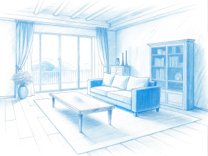 a sketch of a beautiful living room in pencil, (((artists impression, artistic impression, higher detailed illustration, an illustration, detailed illustration, artist's impression))), a kitchen cabinet behind the white sofa, with minimal pictures on the wall, linen curtain next to the classroom window, coffee table, modern wood, ceiling with magnetic emissive lighting