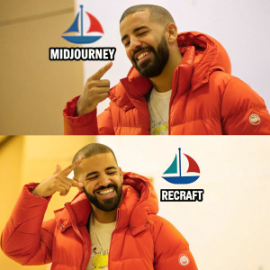 A vibrant and humorous two-panel meme featuring the artist Drake. In the top panel, Drake is seen rejecting something with a disapproving look and a gesture of dismissal. A sailboat icon labeled 'Midjourney' is prominently displayed. In the bottom panel, Drake is smiling and pointing, indicating his approval or liking of something. An icon of an R symbol labeled 'Recraft' is present. The overall atmosphere of the meme is lively and engaging, with bold colors and expressive facial expressions., vibrant, illustration, typography