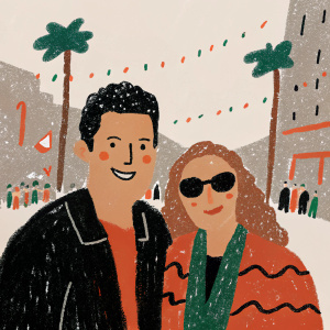 Adam Sandler and Jackie Sandler, smiling and posing for the camera, standing in front of a bustling street scene with the iconic Hollywood sign in the background. They are at the premiere of 'The Ridiculous 6' at a vibrant outdoor festival.