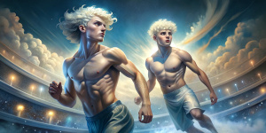 Ancient Greece. Stadium in Athens. A couple of realistic cute shirtless slim 18-year-old guys with blond wavy hair wearing white perizoma, barefoot, at full height, are running very fast in Olympic Games on a sunny afternoon.