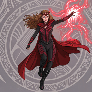Scarlet Witch, Wanda Maximoff, levitating with fiery red aura. Tribal design background, fierce expression, flowing brown hair. Red and black outfit with intricate patterns.