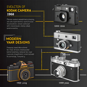 A graphic timeline showcasing Kodak camera evolution from early models to modern designs. Dark background
