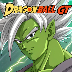 Digital artwork featuring a character from Dragon Ball GT. Green muscular face with gray and white hair. Dragon Ball GT logo visible. Character has detailed facial features including prominent brow and focused expression. Illustration style is vibrant and stylized.