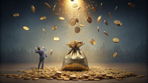 money bag, falling on its side, full of gold coins, and eve from the bible near the bag
