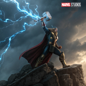 Thor, wielding his hammer Mjolnir, bathed in glowing blue lightning, standing atop a rugged, storm-torn cliff. Dark clouds swirl around him, contrasting against the vivid gold of his armor. He looks powerful and determined. Behind him, the iconic Marvel Studios logo.
