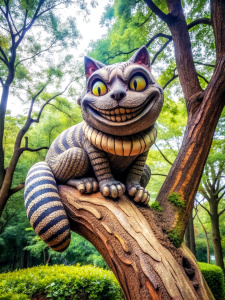 A statue of Cheshire cat sitting on a tree branch, smiling