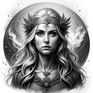 Saga, The Seer - Nordic Goddess of Sagas & Myths perfect realistic art, high-definition grey and black, white background tattoo design