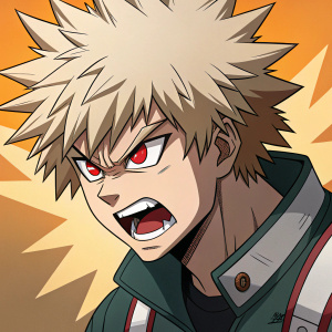 A vivid illustration of Katsuki Bakugou from My Hero Academia. Angry face with spiked hair and glowing red eyes. Bright, vibrant colors.