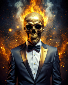 effect, photoshop action, realistic golden skull with human body in tuxedo, flames of fire, sparks, dust, explosion, quality xd, 