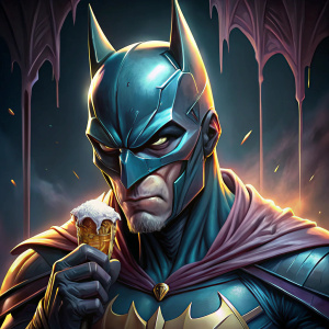 batman eating dripping ice cream. no background