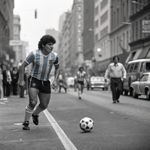 Diego Maradona, in a vintage action shot, dribbling the ball on a bustling urban street scene.