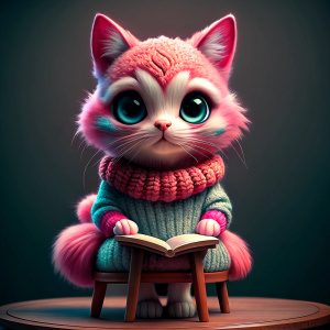 pink fluffy cute cat sitting on stool, wearing a hand knitted outfit and reading a book