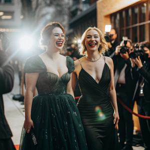 Emily Hampshire and Sarah Gadon attend the annual Critics' Choice Awards. Both are in glamorous evening gowns, posing for photographers on the red carpet.