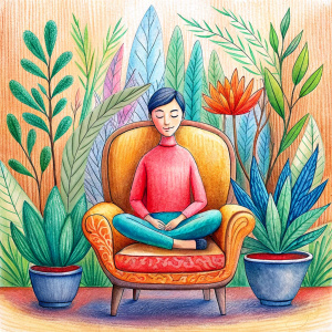 persona que esta encerrada en un cuarto pequeño acostada descansando en un sillon espiritualidad colores arte