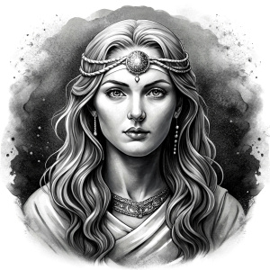 Saga, The Seer - Nordic Goddess of Sagas & Myths perfect realistic art, high-definition grey and black, white background tattoo design