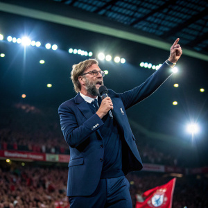 Jürgen Klopp, in a sharp navy suit, giving a passionate speech. Bright stadium lights, cheering crowd in background.