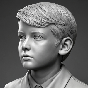 3D digital art of Barron Trump figurine. Close-up of face. Uniform grey background