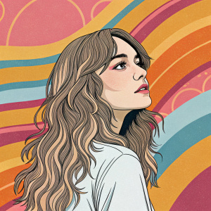 Digital illustration of a woman with long wavy hair. Anime-style drawing. Vibrant repeating patterns background