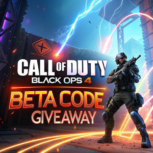 Promotional graphic for Call of Duty: Black Ops 4 Beta Code Giveaway. Bright neon lights and digital effects.