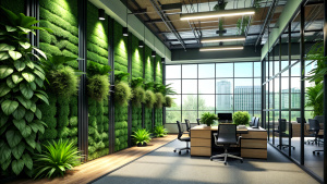 Green living wall with perennial plants in modern office. Urban gardening landscaping interior design. Fresh green vertical plant wall inside office